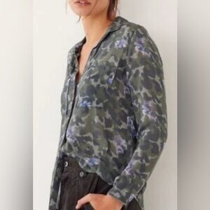 Anthropologie Green Camo Shirt with Blue Floral Accents